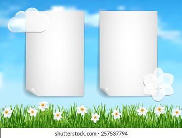 Page 4 of 10. Mock-up for info graphic, presentation, books, documents, etc with blue sky,  white clouds end white flowers on green grass.