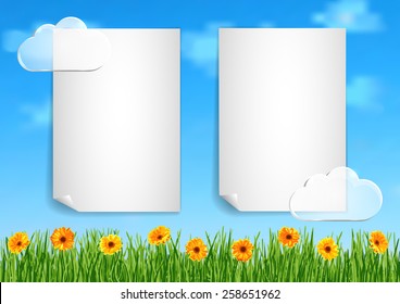 Page 4 of 10. Mock-up for info graphic, presentation, books, documents, card etc with blue sky, transparent clouds, green grass end orange gerbera flowers 