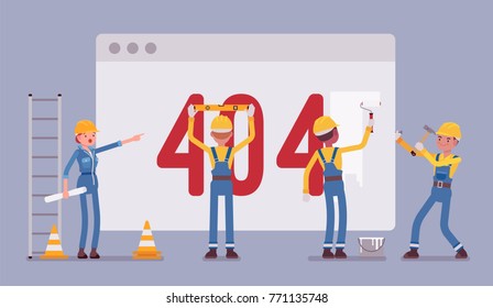 Page with 404 code under construction. Workers in uniform recovering web site with error message connection with server, requested file is not found information. Vector flat style cartoon illustration