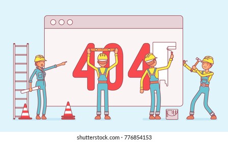 Page with 404 code under construction. Workers in uniform recovering web site with error message connection with server, requested file is not found information. Vector line art illustration