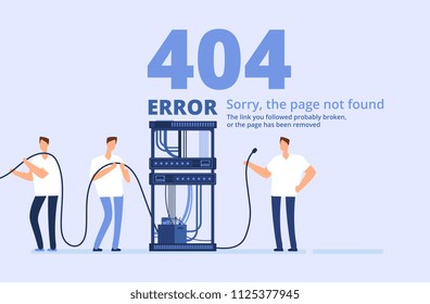 Concepto de error de la página 404. Lo sentimos, la página no encontró plantilla de sitio web con administradores de servidor y de red. Fondo vectorial. Ilustración del sitio web de la página de problemas, problema de red