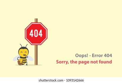 page with a 404 error  or File not found icon with bee honey eat honeycomb in honeypot jar in 404 sign red warning. Template reports that the page is not found. Isolated vector illustration.
