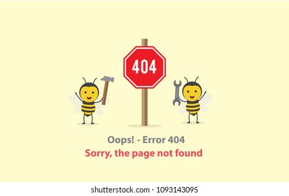 page with a 404 error  or File not found icon with bee honey hold hammer and wrench for maintenance 404 sign red warning. Template reports that the page is not found. Isolated vector illustration.