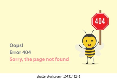page with a 404 error  or File not found icon with bee honey hold 404 sign red warning. Template reports that the page is not found. Isolated vector illustration.