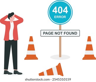 Página con un error 404 en la señal de tráfico. La página que ha solicitado no se encuentra en el concepto de página de Web. La Plantilla informa que la página no se encuentra.

