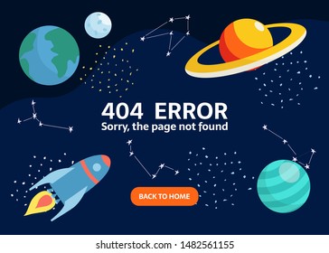 Page 404 error. Rockets in outer space with stars, moon, asteroids, constellation on background. Spaceship exploring universe and galaxy. Cartoon spacecraft in spacesuit for your design.