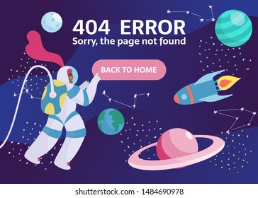 Page 404 error. Spaceman with flag in outer space with stars, moon, constellation on background. Woman astronaut out of spaceship exploring saturn, universe and galaxy.