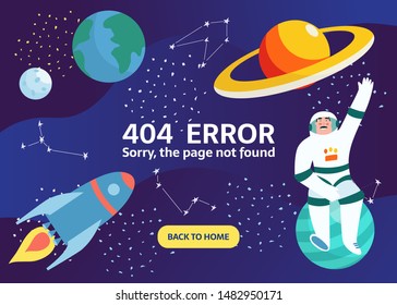 Page 404 error. Spaceman in outer space with stars, moon, rocket, asteroids, constellation on background. Astronaut out of spaceship exploring universe and galaxy.