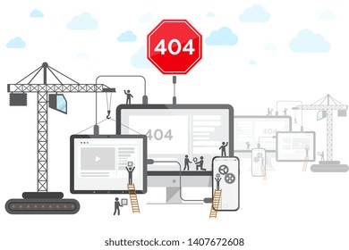 Page with 404 error. Template reports that the page is not found. Flat website design is being repaired, the process of creating a web page with stick figure people. Vector illustration.
