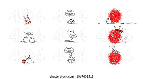 Page 404 with a nice cat. Error 404. Animation of the cat. Page not found, the site has broken down. Storyboards. Contour vector illustration on white background.Comic about the cat who broke the site