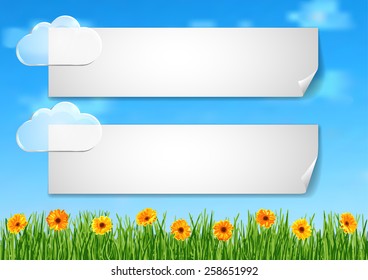 Page 5 of 10. Mock-up for info graphic, presentation, books, documents, card etc with blue sky, transparent clouds, green grass end orange gerbera flowers 