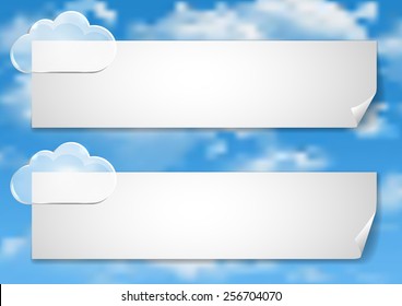 Page 5 of 8. Mock-up for info graphic, presentation, books, documents, etc with blue sky,  white clouds end stickers transparent clouds hold white paper.