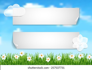 Page 6 of 10. Mock-up for info graphic, presentation, books, documents, etc with blue sky,  white clouds end white flowers on green grass.