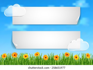 Page 6 of 10. Mock-up for info graphic, presentation, books, documents, card etc with blue sky, transparent clouds, green grass end orange gerbera flowers 