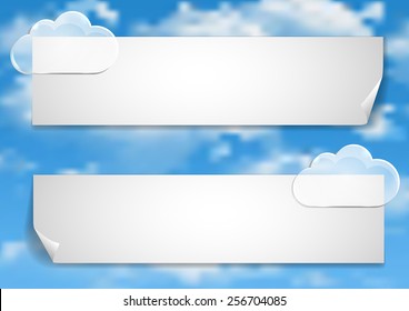 Page 6 of 8. Mock-up for info graphic, presentation, books, documents, etc with blue sky,  white clouds end stickers transparent clouds hold white paper.