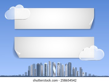 Page 6 of 9. Mock-up for info graphic, presentation, books, documents, etc with blue sky, abstract city, skyscrapers on the horizon