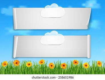 Page 7 of 10. Mock-up for info graphic, presentation, books, documents, card etc with blue sky, transparent clouds, green grass end orange gerbera flowers 