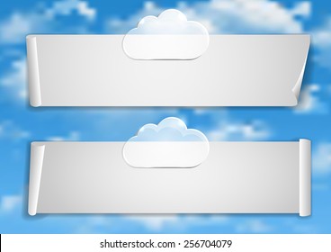 Page 7 of 8. Mock-up for infographic, presentation, books, documents, etc with blue sky,  white clouds end stickers transparent clouds hold white paper.