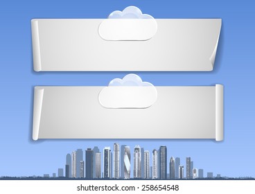 Page 7 of 9. Mock-up for info graphic, presentation, books, documents, etc with blue sky, abstract city, skyscrapers on the horizon