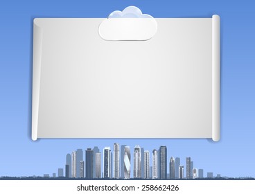  Page 8 of 9. Mock-up for info graphic, presentation, books, documents, etc with blue sky, abstract city, skyscrapers on the horizon