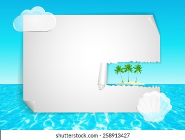 Page 9 of 11 background . Mock-up for info graphic, presentation, books, documents, card  etc with abstract   ocean, blue sky, tropical island with three palms