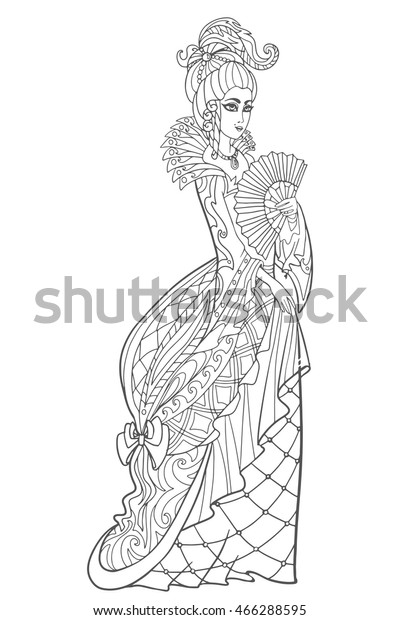 Page for adult coloring book. Lady in an ancient dress with a fan at