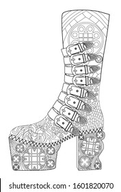 Coloring  page for adults. Gothic boot. Art Therapy. Line art illustration.