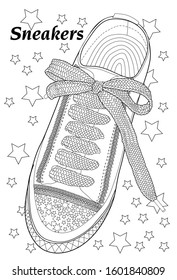 Coloring  page for adults. Sport shoe . Art Therapy. Line art illustration.