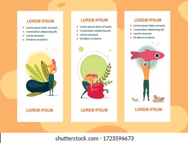 Page App, Dieting for Good Internal Condition. Girl Hold in Hand Large Pod Peas, Lie Fresh Eggplant. Woman Leaned Toward Juicy Vegetable, Bell Pepper. Man Raised Fish above himself.