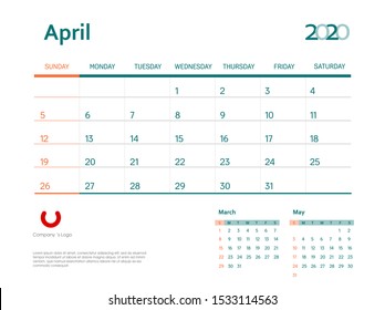 Page April 2020 wall calendar planner stationary design template. Color event monthly planner. Corporate and business template design. Week starts on Sunday. Vector illustration. Isolated background.