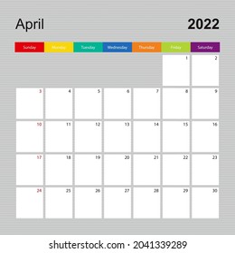 С Kalenderseite für April 2022, Wandplaner mit buntem Design. Die Woche beginnt am Sonntag. VektorKalendervorlage.