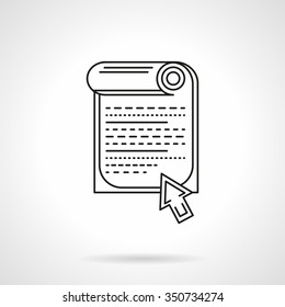 Page with article and arrow button. Blogging, website, journalism, social networks. Flat black line style vector icon. Single web design element for mobile app or website.