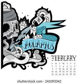 Page astrological calendar. Aquarius tattoo. Vector illustration