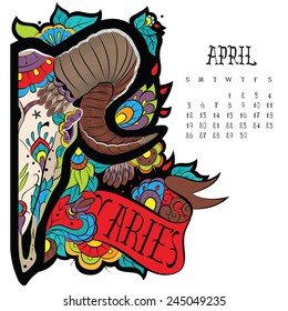 Page astrological calendar. Aries color. Vector illustration