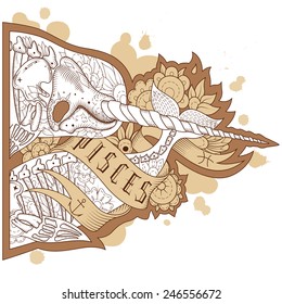 Page astrological calendar. Engraving pisces. Vector illustration