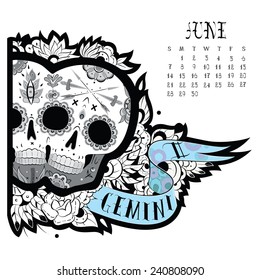 Page astrological calendar. Gemini tattoo. Vector illustration