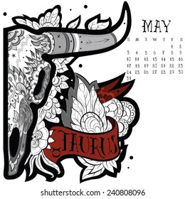 Page astrological calendar. Taurus tattoo. Vector illustration