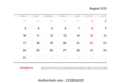 Page August 2020 calendar planner stationary design template. Monthly planner. Corporate and business template design. Week starts on Sunday. Vector illustration. Isolated background.