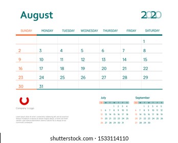 Page August 2020 wall calendar planner stationary design template. Color event monthly planner. Corporate and business template design. Week starts on Sunday. Vector illustration. Isolated background.