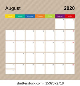 Сalendar page for August 2020, wall planner with colorful design. Week starts on Monday. Vector calendar template.