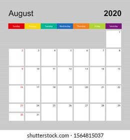Сalendar page for August 2020, wall planner with colorful design. Week starts on Sunday. Vector calendar template.