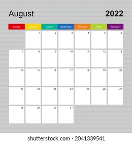 С página alendar para agosto de 2022, planificador de paredes con un diseño colorido. La semana comienza el domingo. Plantilla de calendario de vectores.