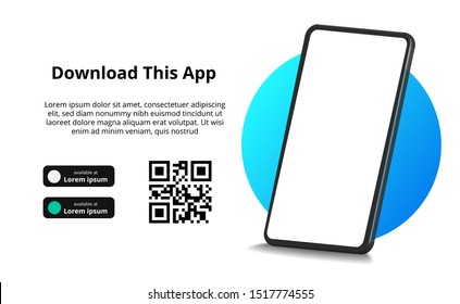page banner advertising for downloading an app for mobile phone, smartphone. Download buttons with scan qr code template. 3D perspective phone