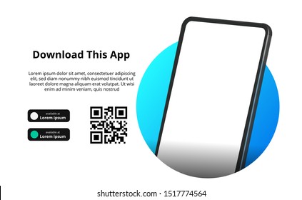 page banner advertising for downloading an app for mobile phone, smartphone. Download buttons with scan qr code template. 3D perspective with blue circle