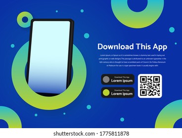 Anuncio de banner de página para descargar aplicación para teléfono móvil, concepto de círculo de color smartphone. botones de descarga con la plantilla de código qr de exploración.