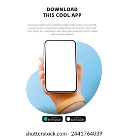 page banner advertising for downloading app for mobile phone smartphone Download buttons template 3D cartoon cute Hand holding phone