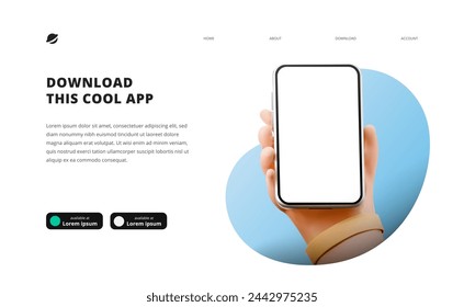 page banner advertising for downloading app for mobile phone smartphone Download buttons template 3D cartoon cute Hand holding phone