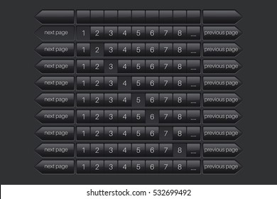 Page bar, previous and next. Black user interface elements. Vector illustration.