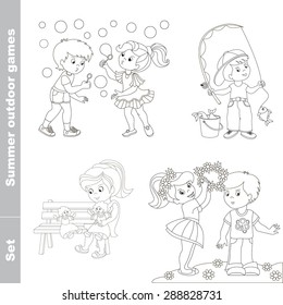 Page to be color. Cartoon character kid set. Summer outdoor games. Fisherman  caught fish.  Girl wears boy garland of flowers. Baby girl play with her doll on the bench.