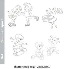 Page to be color. Kid summer sport set. Outdoor games. Baby summer sport. Boy and girl skating on roller skates. Boy and girl ride a bike. Skateboarding. One baby boy skater. Girl turns the Hoop.
